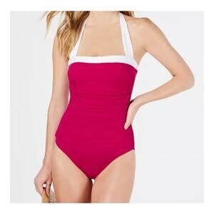 Lauren Ralph Lauren Pink and White Halter One-Piece Swimsuit